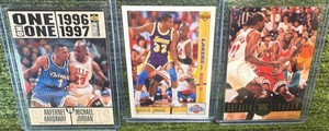 1996-97 UPPER DECK COLLECTORS CHOICE 1 ON 1 MICHAEL JORDAN PENNY #356 CARD,  Magic Vs Jordan Upper Deck Lakers Vs Bulls 34 ,  1993-94 SkyBox Premium Showdown Series Drexler vs Jordan Insert #SS11