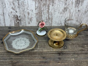 Brass Candle Holder, Bell, Vintage Glass Cup and Plate