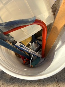 Bucket of misc garage items tools