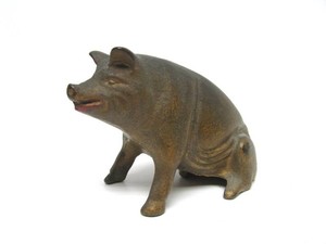 Orig Antique Cast Iron Bank #6 - Seated Pig