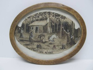 Small Antique 1800s Comical Folk Art Oval Painting on Paper - Unity Camp No. 1561