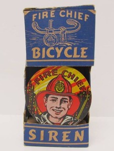 Vintage Tin Litho FIRE CHIEF Bicycle Siren in Original Box
