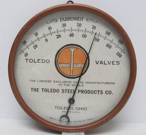 Vintage 1930s era Industrial TOLEDO VALVES Advertising Thermometer Sign