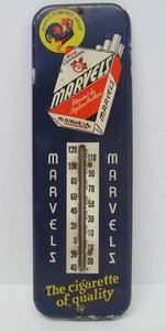 Awesome Vintage 1930s MARVELS Cigarettes Advertising Thermometer sign - Worth Crowing about
