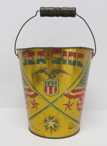 Old Vintage WW2 era Tin Litho SEA-SIDE Sand Pail wHandle &amp Great Graphics