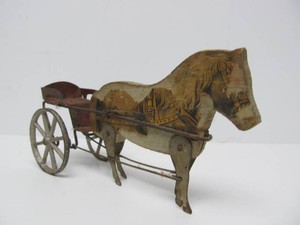 Antique Early 1900s Cast Iron &amp Wood Horse-Pulled Wagon Toy