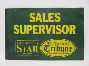 Orig Vintage Minneapolis Star &amp Tribune Newspaper Sales Supervisor Metal Office Sign