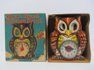 Vintage 1950s Tin Litho Moving Eyes Owl Coin Bank wOriginal Box