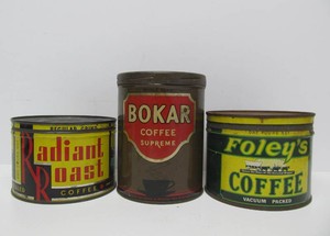 3 Vintage 1930s era Advertising Coffee Cans - Foleys, Bokar &amp Radiant Roast