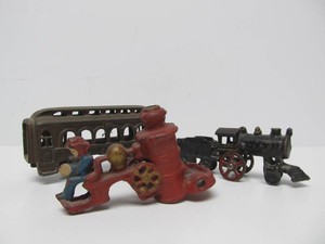 Original Antique Cast Iron Train &amp Fire Wagon Toys