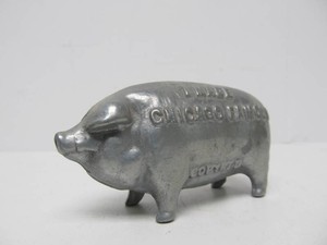 Antique Advertising Cast Iron PIG Coin Bank - I Made Chicago Famous - Dated 1902