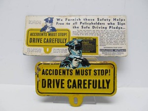 Vintage 1920s-30s Tin Litho DRIVE CAREFULLY License Plate Topper wOriginal Card