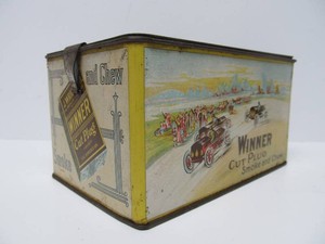 Awesome Larger Antique WINNER Cut Plug Tobacco Tin wGreat Auto Racing Graphics