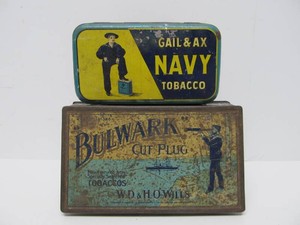 2 Antique Advertising Tobacco Tins - Navy &amp Bulwark Cut Plug