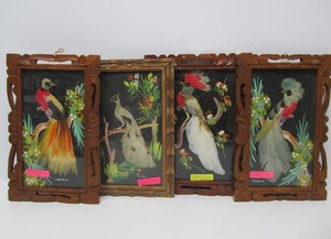 4 Vintage Framed Bird Feather Artworks