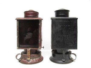 2 Unusual Early Antique Tin Lanterns - One wRed Glass Lens