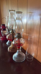 Vintage Glass Oil Lamps & Red Metal Lantern