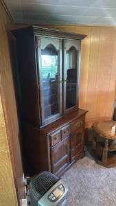 Vintage Wooden China Hutch with Glass Doors & Drawer Storage