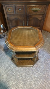Glass-Top Wooden End Table with Lower Shelves