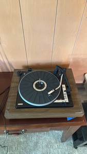 Vintage Record Player with Woodgrain Base & Dust Cover