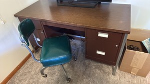 Office Desk with Storage Drawers & Green Rolling Chair