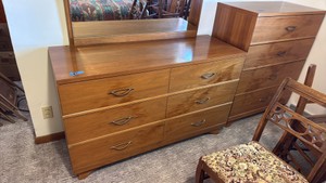 Wooden Six-Drawer Dresser with Large Framed Mirror