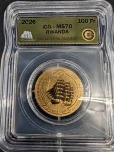 2026 Rwanda 100 Fr Predator Or Passage Coin ICG-MS70 112oz Fine Gold