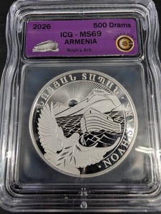 2026 Armenia 500 Dram Noahs Ark Coin, ICG MS69 1oz Silver