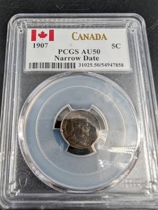 1907 Canada 5 Cent PCGS AU50 Narrow Date