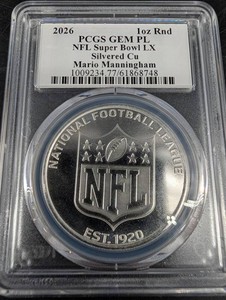 2026 PCGS GEM PL NFL Super Bowl LX Mario Manningham 1 oz Silvered Cu Round