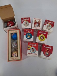 Vintage Campbells Soup Ornaments & Glass Christmas Tree Set Mixed Lot