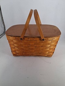 Woven Wooden Picnic Basket With Hinged Lid