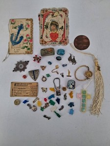 Vintage Jewelry, Ephemera, Charms & Elgin Watch Mixed Lot