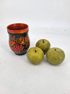 Painted Floral Wooden Vessel & Decorative Pears Mixed Lot