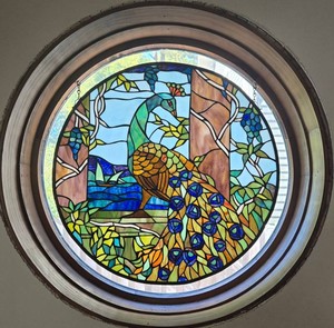 Peacock Stained Faux Glass Window Panel in Wood Frame - 24 Diameter