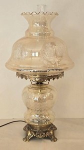 Vintage Floral Etched Glass Table Lamp - 27in H
