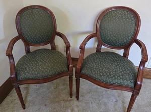 Pair of Carved Wood Upholstered Armchairs 37-12 H
