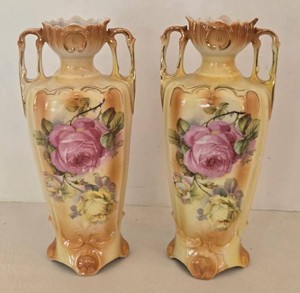 Vintage Floral Ceramic Urn Vases With Double Handles (Lot of 2)
