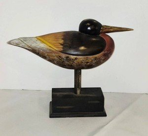 Hand-Carved Wooden Shorebird Decoy on Display Stand