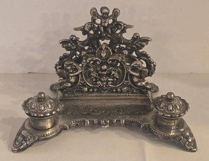 Vintage Rococo Revival Double Inkwell &amp Letter Holder