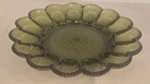 Vintage Indiana Glass Co. Olive Green Hobnail Deviled Egg Platter