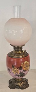 Antique Floral Gone with the Wind Oil Lamp With Pink Glass Globe 23 in