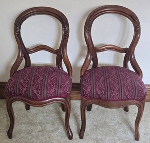 Pair of Victorian Balloon Back Carved Wood Upholstered Side Chairs