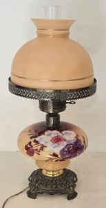 Vintage Floral Painted Glass Table Lamp With Ornate Metal Base