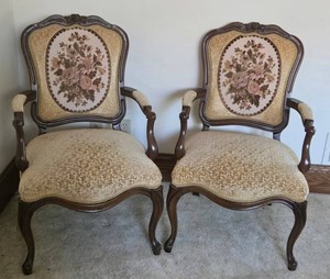 Pair of Matching Victorian French Louis XV-style Carved Wood Armchairs