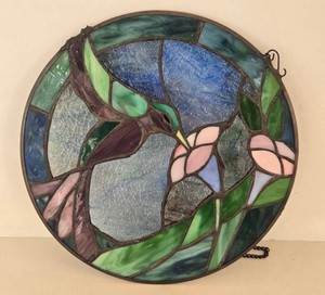 Stained Faux Glass Hummingbird Floral Hanging Panel - 10 in