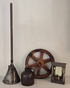 Antique Laundry Plunger, Wagon Wheel, Rustic Jug &amp Cowboy Frame Mixed Lot