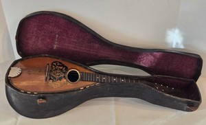Antique Bowl-Back Mandolin With Ornate Inlay and Fitted Case
