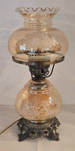 Vintage Ornate Floral-Etched Glass Electric Table Lamp - 18 in