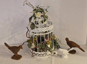 Decorative Birdcage Centerpiece With 3 Cast Iron Birds